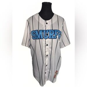 Smurfs Baseball Jersey Size L Button Up Graphic “Smurfing Around” Cartoon Shirt